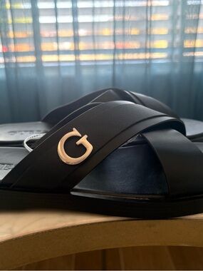 Guess Black Slide Sandals with Silver G Accent